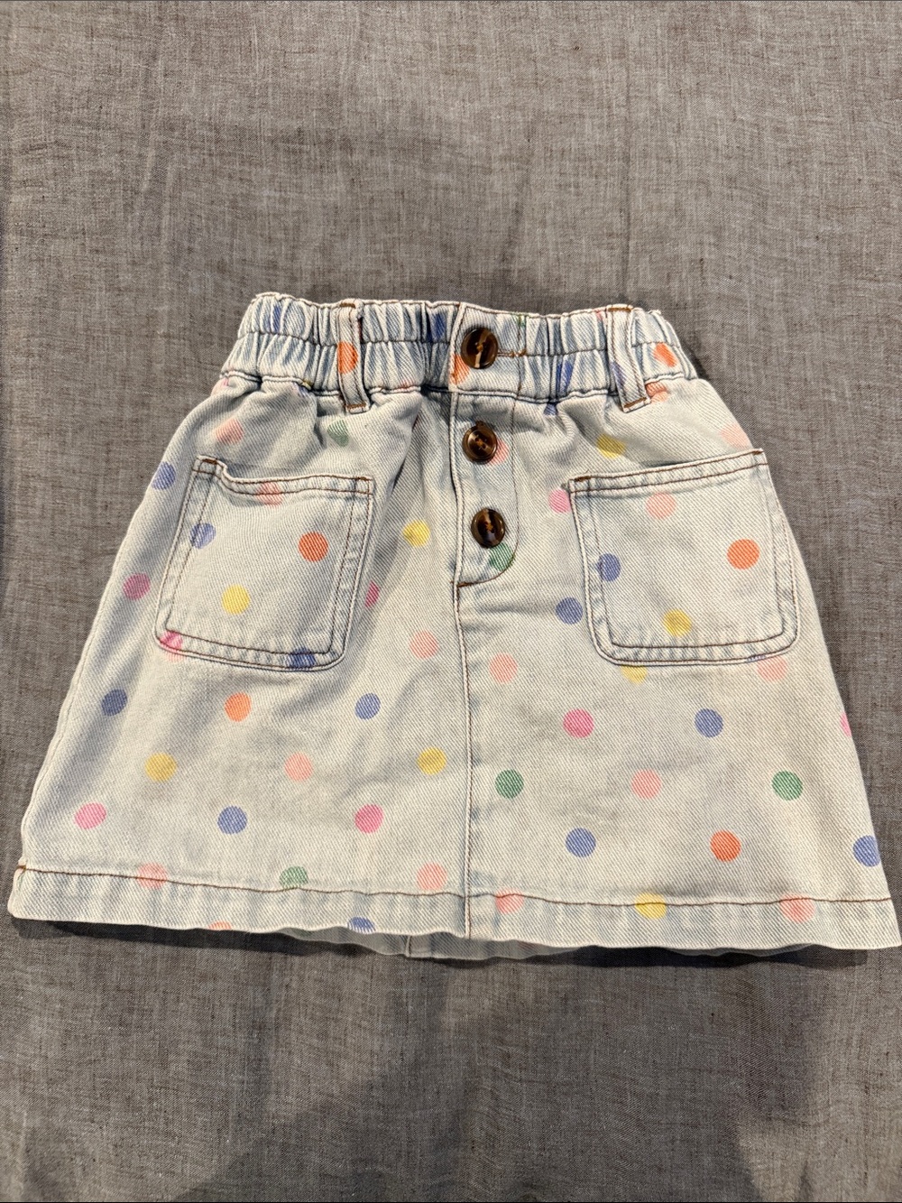 Mini Boden Light Denim Skirt with Multicolor Polka Dots 6/7